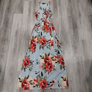 Striped Floral Sleeveless Maxi Dress